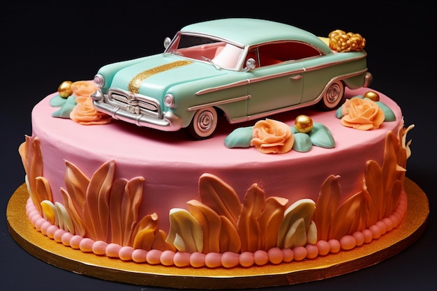 Een taart met een auto erop heeft een gouden streep op de bovenkant Vintage taarten en desserts