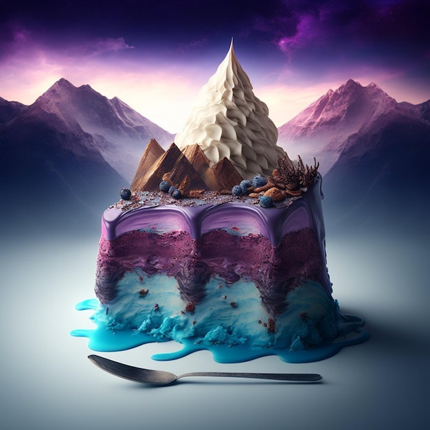 Een taart met een berg erop en een berg op de bodem.