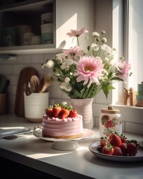 Een taart met een bord aardbeien erop naast een vaas met bloemen.