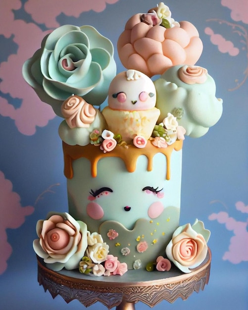 Foto een taart met een gezicht gemaakt van fondant en bloemen.