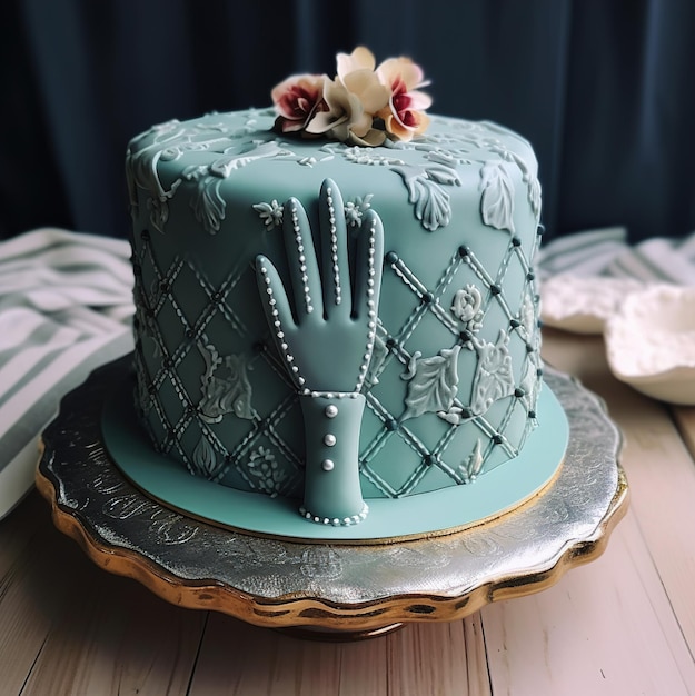 een taart met een hand erop waarop 'hand' staat.