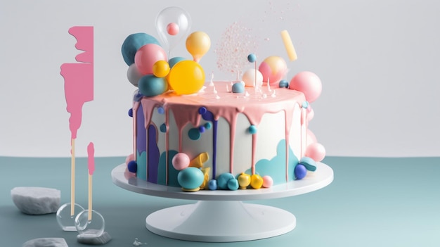 Een taart met een roze en blauwe drip erop