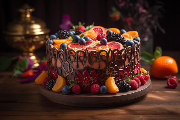 Foto een taart met fruit erop en een gouden lamp erachter