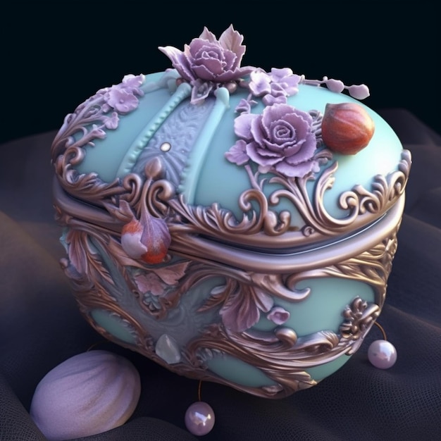 Een taart met paarse bloemen en een parel bovenop.