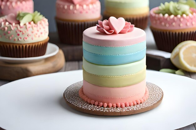 Foto een taart met pastelkleuren en een hartje op de bovenkant.
