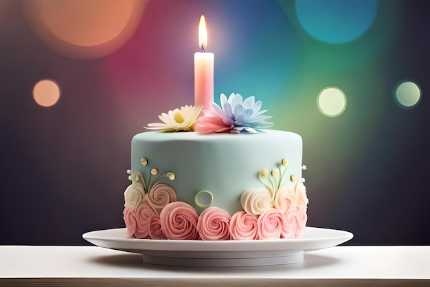 Een taart met roze en blauwe bloemen en een kaars erop