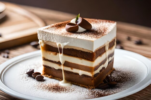 Een taart met witte chocolade en witte glazuur zit op een bord.