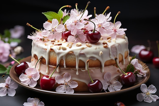 Een taart met witte glazuur en kersenbloesems Generatieve AI Heerlijke cale met kersen en eetbare bloemen