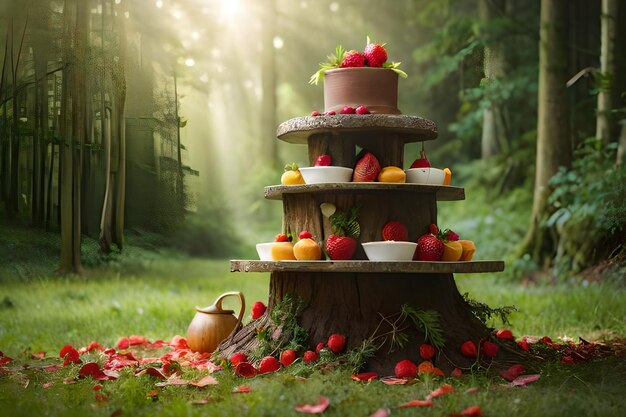 Een taart op een standaard in het bos met fruit erop