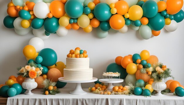 een taart staat op een tafel met een hoop ballonnen erop