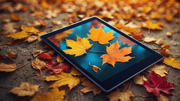 Een tablet ligt op de grond die bedekt is met gevallen bladeren in herfstkleuren.