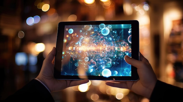 een tablet met een kleurrijke achtergrond en een wazig beeld van een persoon die een digitale tablet vasthoudt.