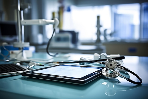 Een tablet toont medische dossiers medische hulpmiddelen in een heldere ziekenhuisoperatiekamer met Generative AI