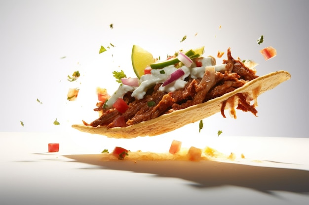 Een taco gevuld met vlees, zure room, zure room en zure room.