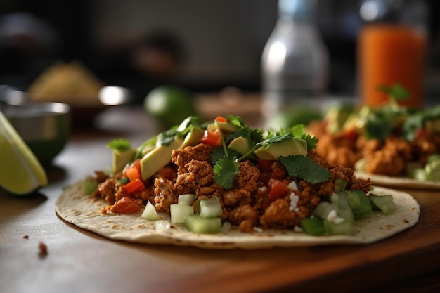 Een taco met vlees, avocado en limoen op tafel.