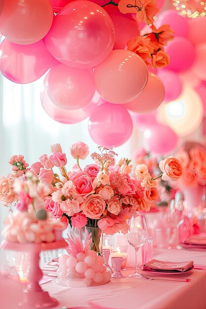 Een tafel bedekt met talloze roze ballonnen creëert een vrolijke en grillige sfeer een zoete 16 b