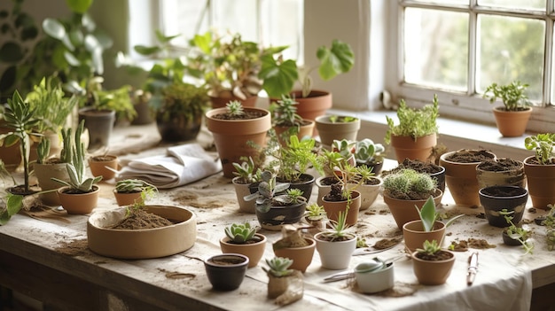 Een tafel bedekt met talrijke potplanten die een levendige en weelderige tentoonstelling creëren