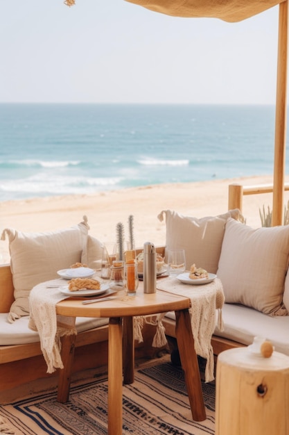 Foto een tafel en stoelen op een strand met uitzicht op de oceaan ai