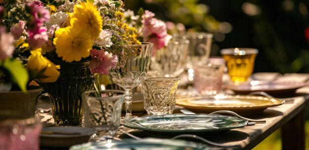 een tafel gedekt met glazen en bloemen