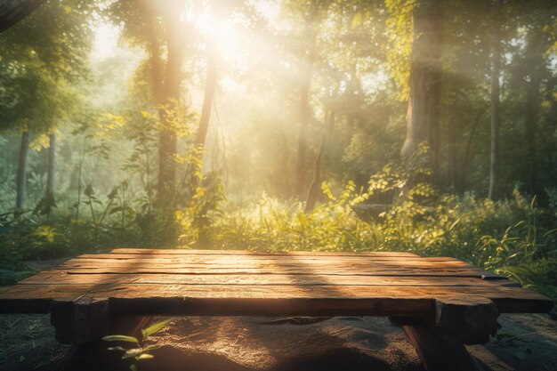 een tafel gemaakt van hout geplaatst smack dab in het midden van het bos