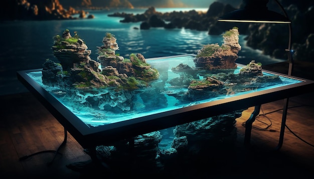 Foto een tafel gemaakt van schermen met onderwater video spelen en eiland landschap beeldjes rond geplaatst