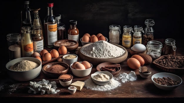 Foto een tafel gevuld met diverse ingrediënten waaronder eieren eieren meel generatieve ai