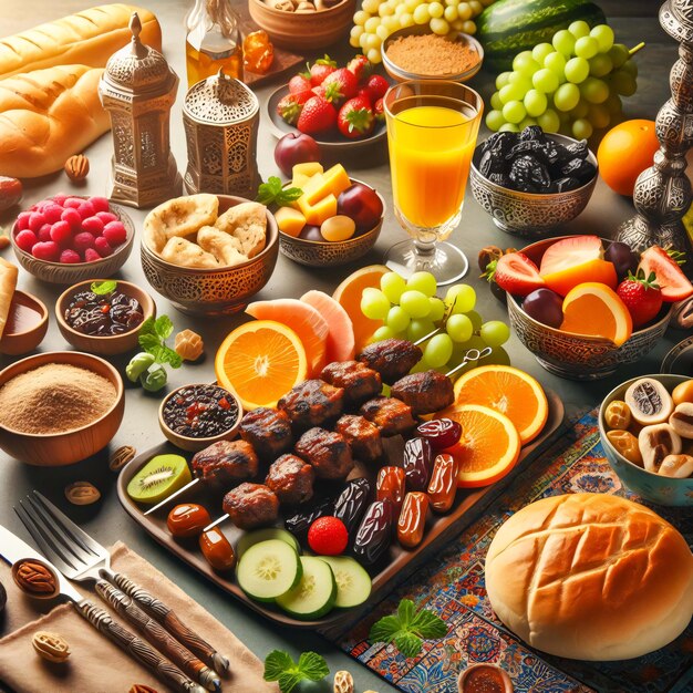Een tafel gevuld met verschillende soorten voedsel Ramadan Iftar