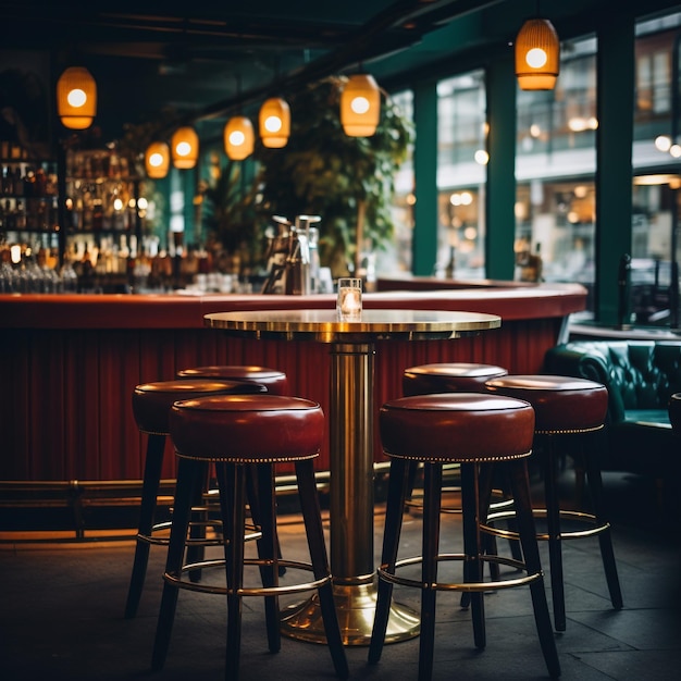 Een tafel in een bar met een bar op de achtergrond