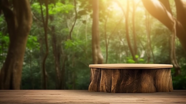Een tafel in een bos met op de achtergrond een boomstronk