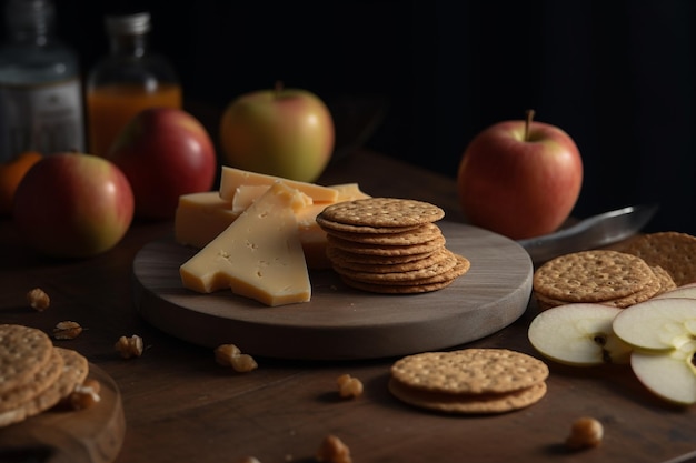 Een tafel met appels, kaas en crackers erop