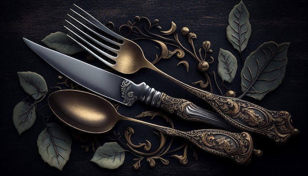 Een tafel met bestek en een gouden vork erop