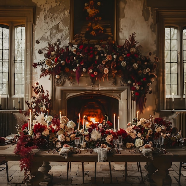 Een tafel met bloemen en kaarsen voor een open haard