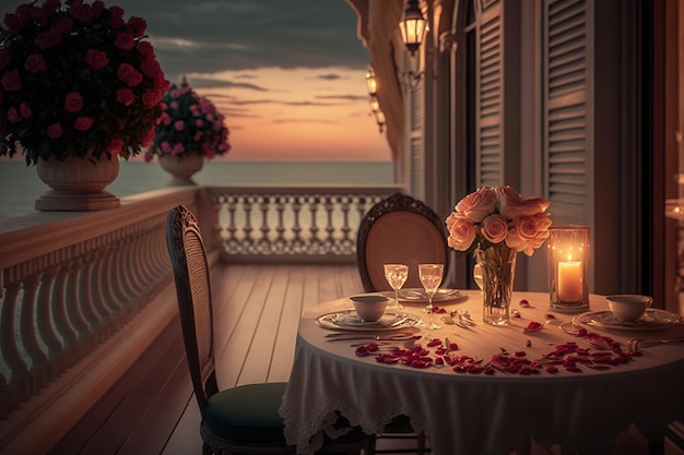 een tafel met bloemen en uitzicht op de oceaan.