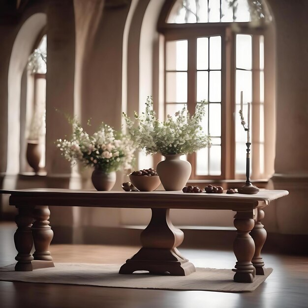 een tafel met bloemen en vazen erop en een vaas met bloemen erop