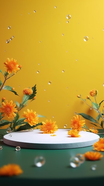 Een tafel met bloemen erop en een gele achtergrond