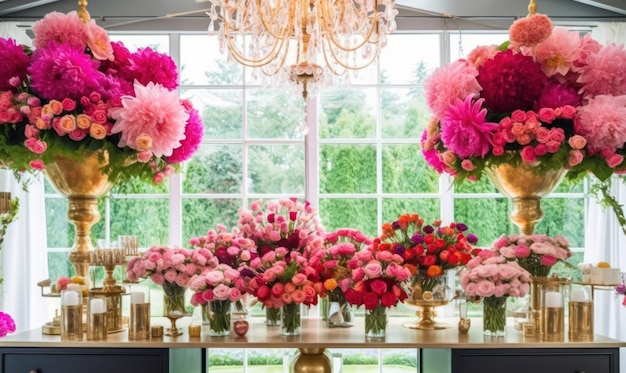 Een tafel met bloemen met daarachter een raam met de tekst 'pioenroos'