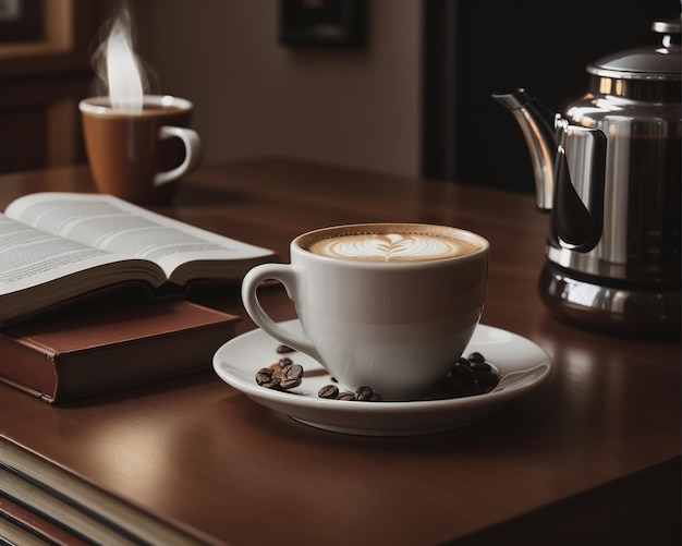 Een tafel met boeken en warme koffie gratis downloadafbeeldingen