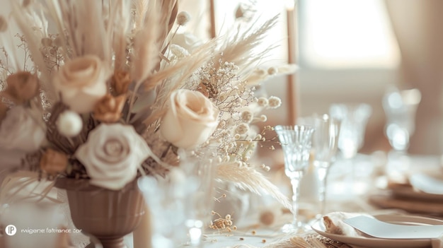 Foto een tafel met boho bloemenarrangement