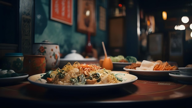 Een tafel met borden met eten en een kopje thee erop