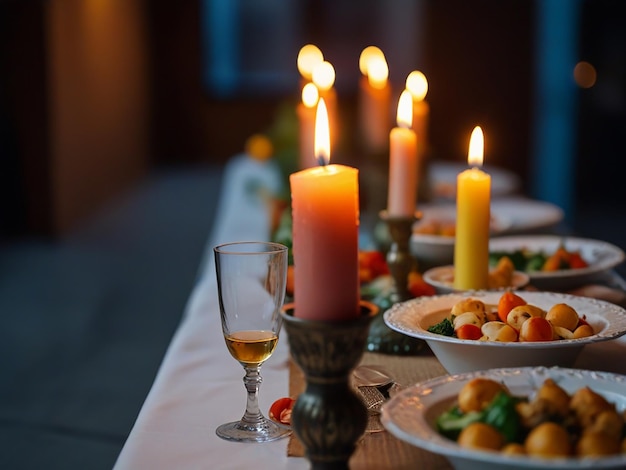 een tafel met borden met voedsel voor een kaarslichtdiner