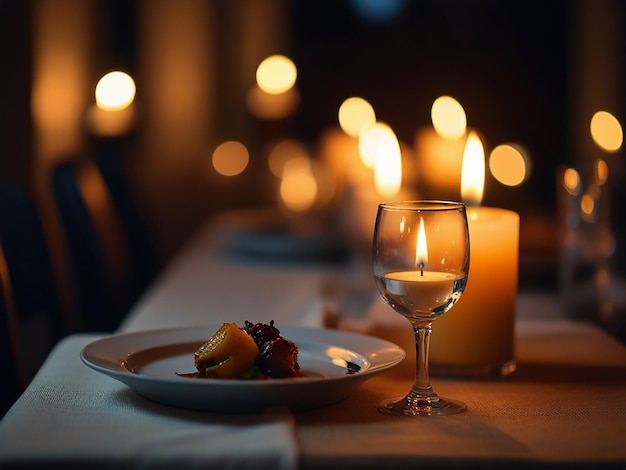 een tafel met borden met voedsel voor een kaarslichtdiner
