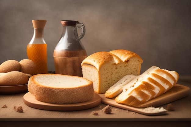 Een tafel met brood en flessen ahornsiroop