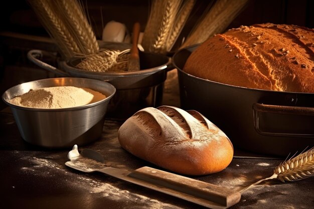 Een tafel met brood en meel erop.