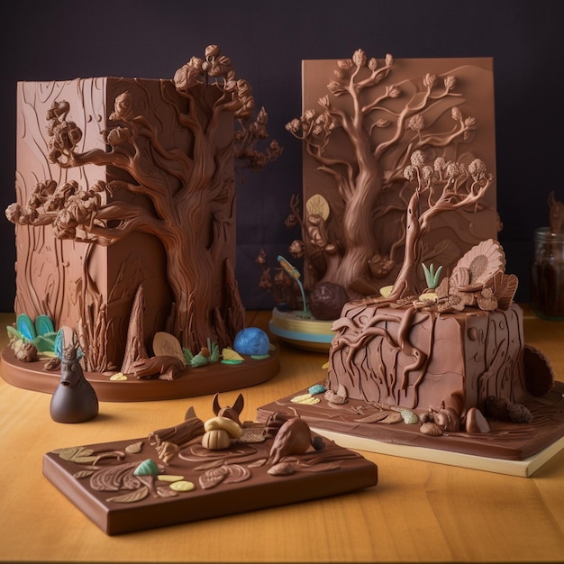 Een tafel met chocoladesculpturen en een boom met een vogel erop.