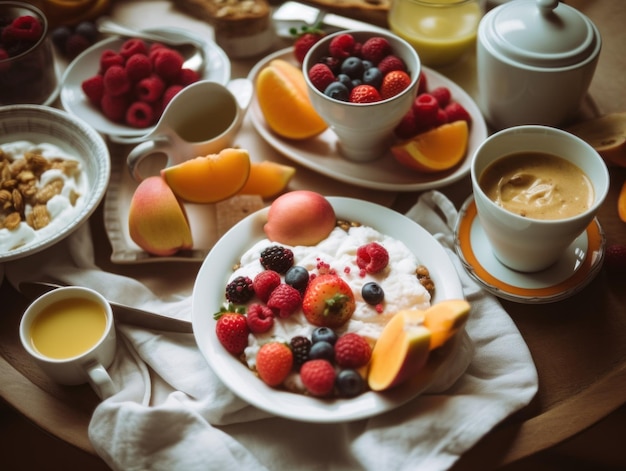 Een tafel met daarop borden met eten en kopjes koffie Generatief AI-beeld