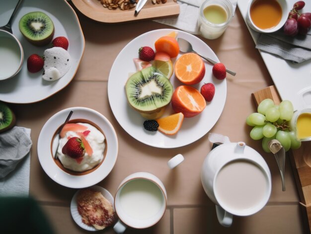 Een tafel met daarop borden met eten en kopjes koffie Generatief AI-beeld