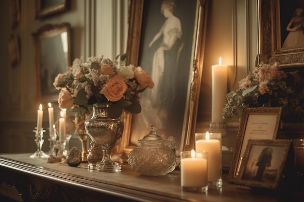 Een tafel met daarop een afbeelding van een vrouw en een afbeelding van een dame