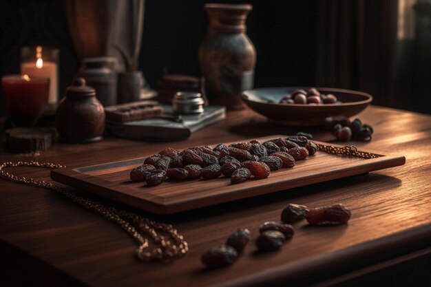 Een tafel met daarop een dienblad met dadels en andere spullen