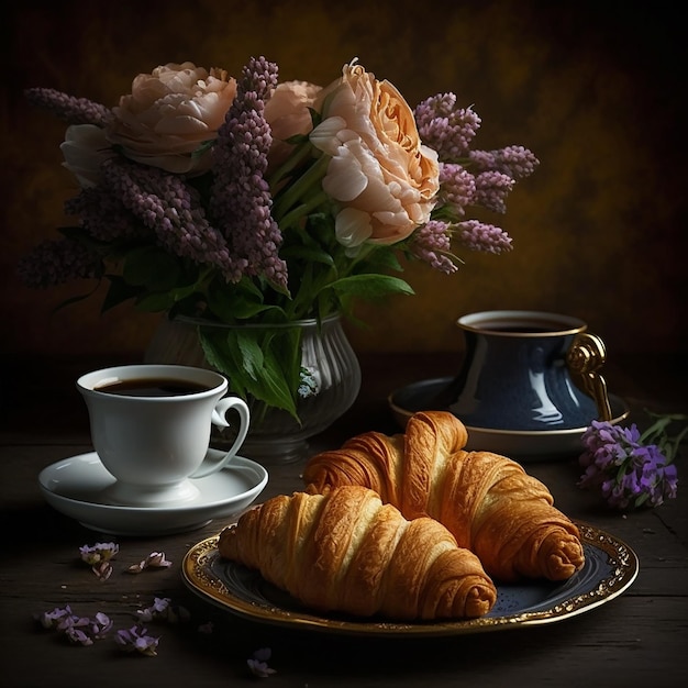 Een tafel met daarop een kop koffie en twee croissants. Ontbijt met croissants en koffie, AI