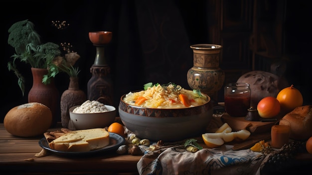 Een tafel met daarop een schaal met eten en brood